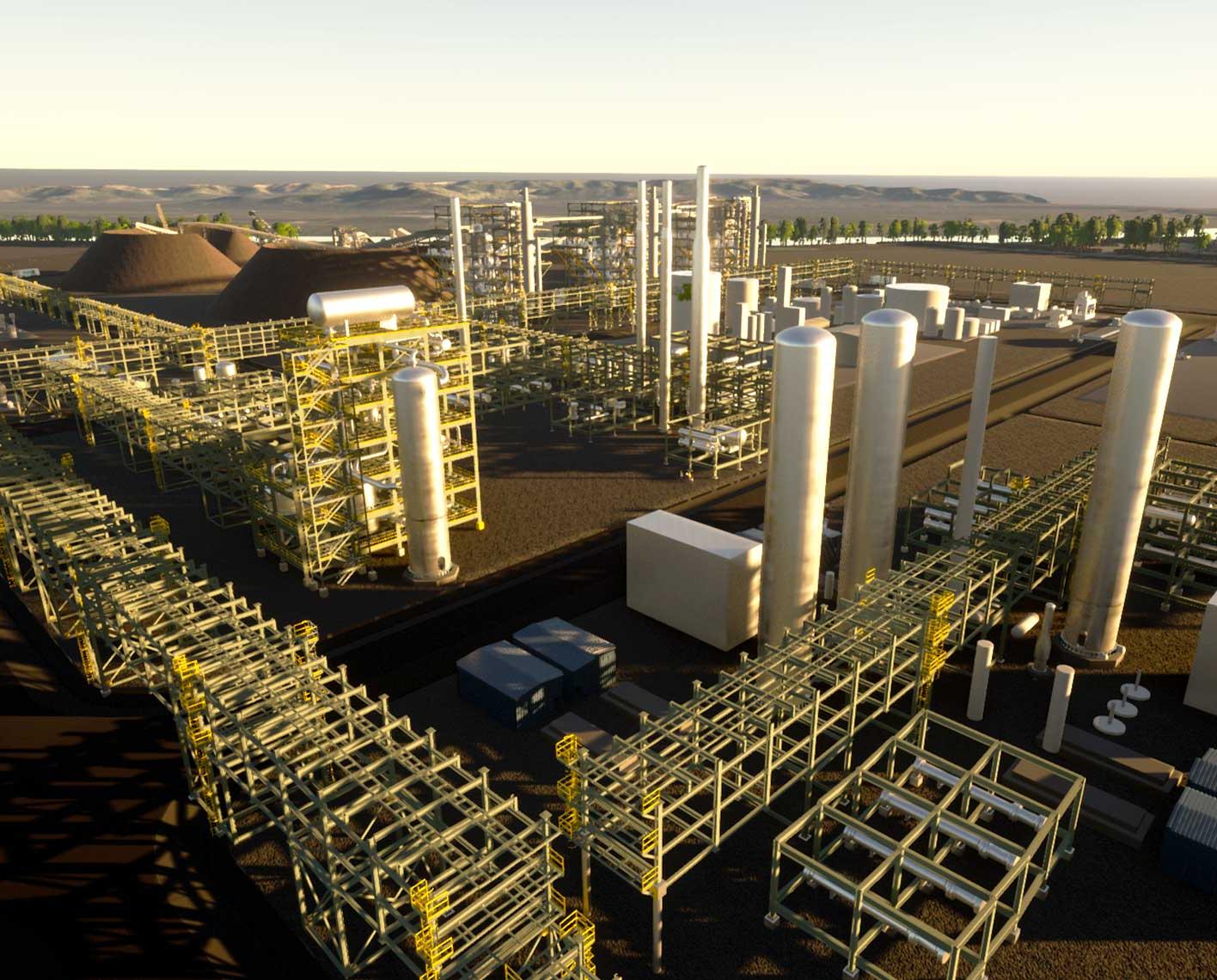 Rendering of a bioenergy with carbon capture and sequestration (BECCS) plant